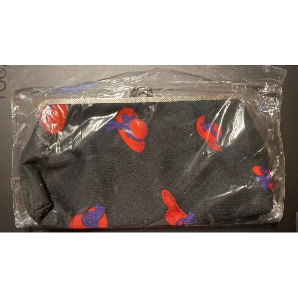 New In Package Oker Vintage Black Clutch Purse With Red & Purple Hat Pattern